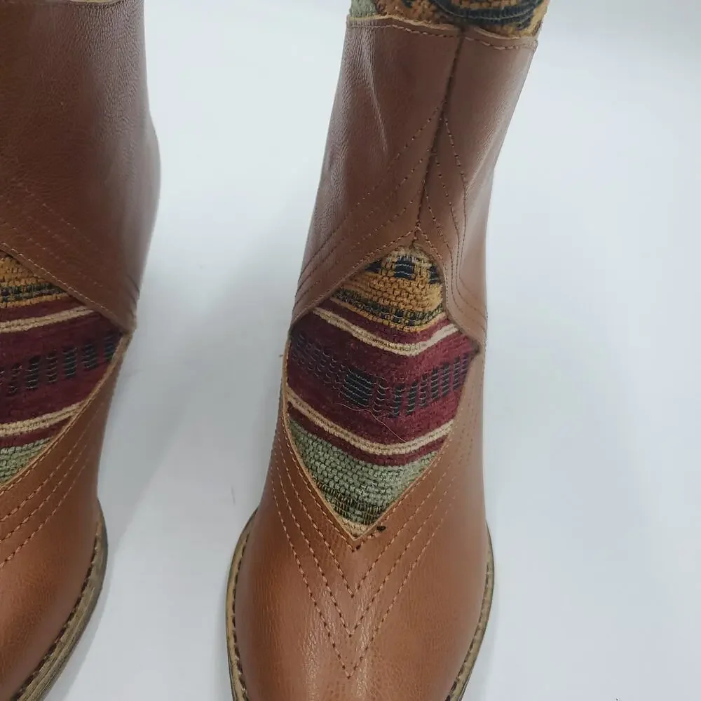 Sbicca Cognac Booties with Aztec Print Fabric Western Booties Size 6